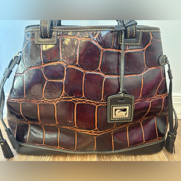 Dooney & Bourke Croc Embossed Leather Tassel Tote Handbag Cognac Brown - Picture 3 of 13